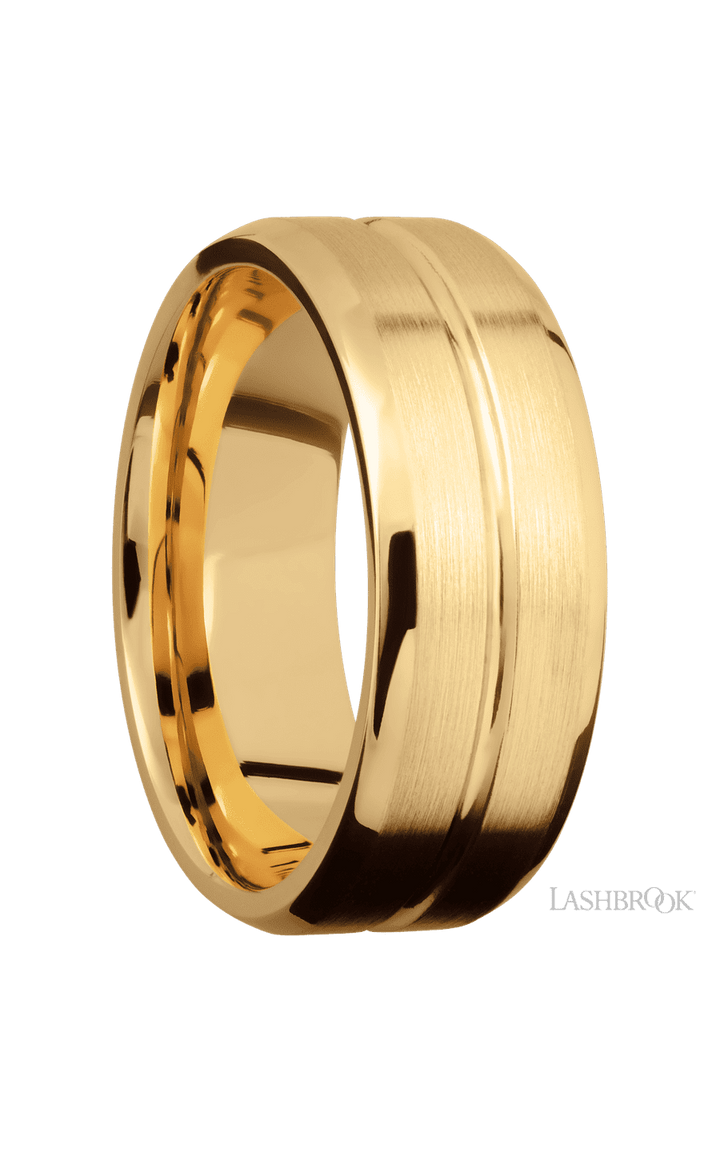 8 mm wide Beveled with Center Accent Groove 14K Yellow Gold band.