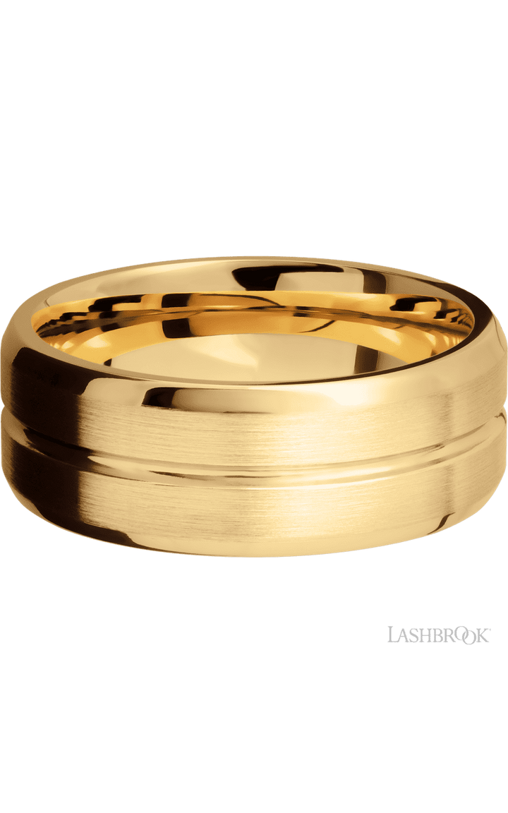 8 mm wide Beveled with Center Accent Groove 14K Yellow Gold band.