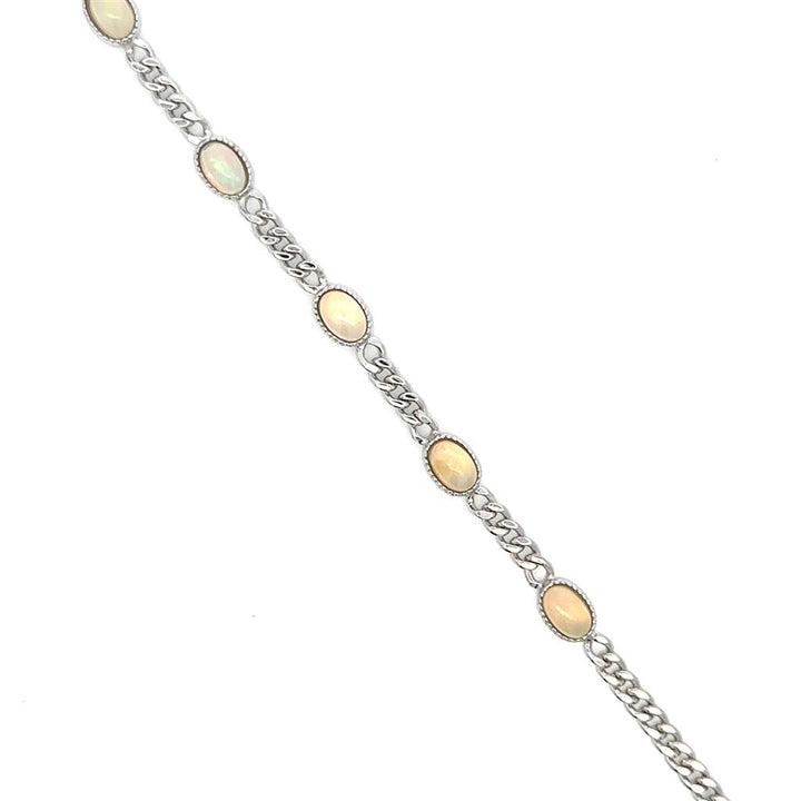 Curb Link Style Colored Stone Bracelet Sterling Silver White With Opal 7.5" Long