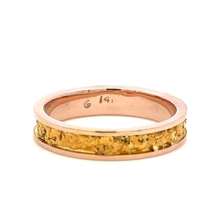 4mm Wide Straight Channel Style Womans Wedding Bands With Gold Nugget 14 Karat Gold & Alaskan Gold Nugget Rose size 7