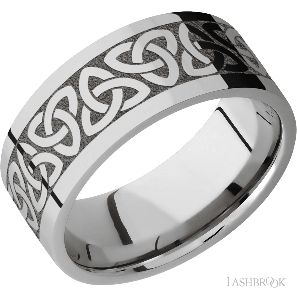 White Titanium Alternative Metal Ring 9mm wide with a Celtic Trinity pattern Black Color Size 10