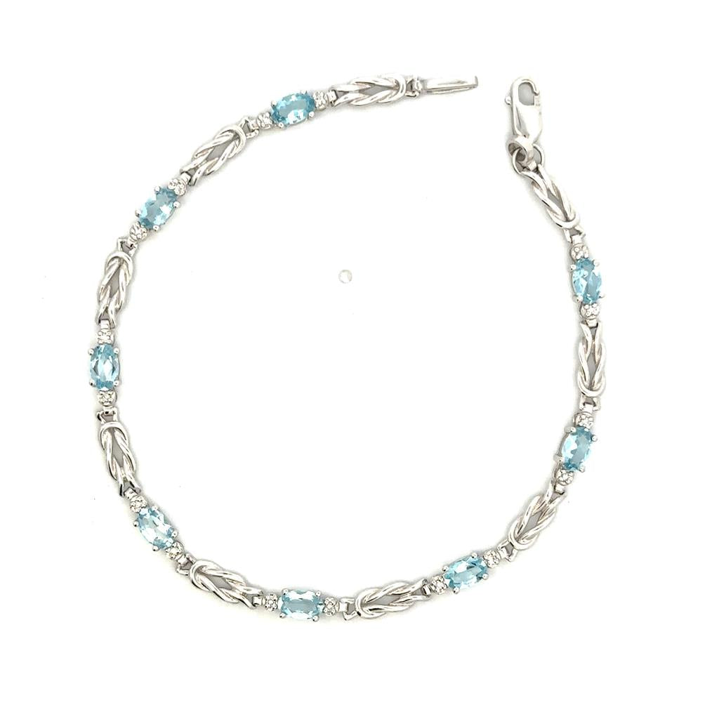 Link Style Colored Stone Bracelet 14 KT White With Aquas & Diamonds 6.5" Long