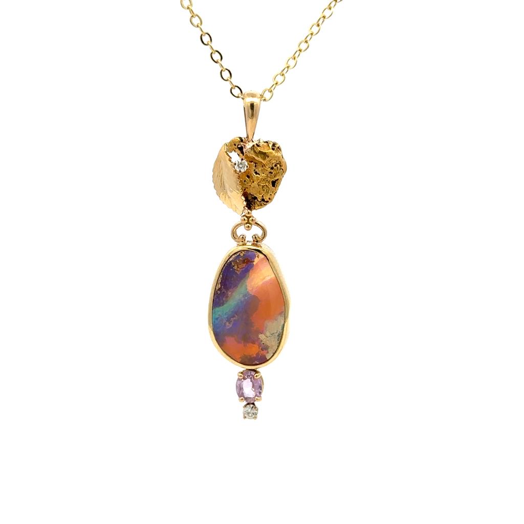 Yuarta Drop Pendants 18 KT Yellow with Various Shapes Opal & Oval Pink Sapphire & Round H Diamond