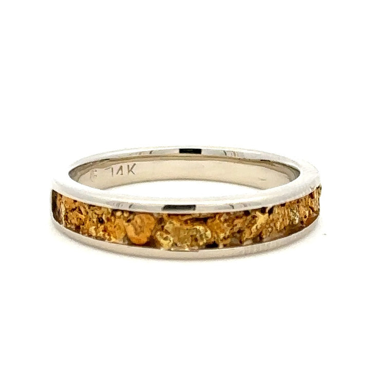 4X2mm Wide Tapered Channel Style Womans Wedding Bands With Gold Nugget 14 Karat Gold & Alaskan Gold Nugget White size 7