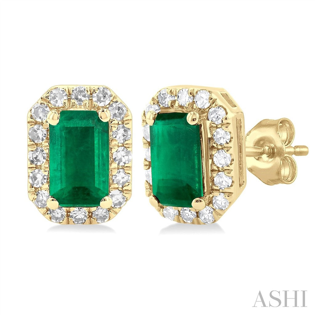 14 Karat Gold Yellow Halo Earrings With 5mm Emerald Cut Emeralds 0.13 ctw Slice Diamonds