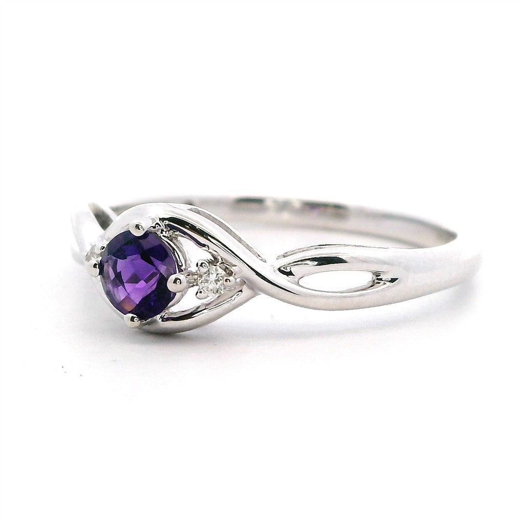 3 Stone Style Colored Stone Ring 14 Karat White with Amethyst & Diamonds Accent size 7
