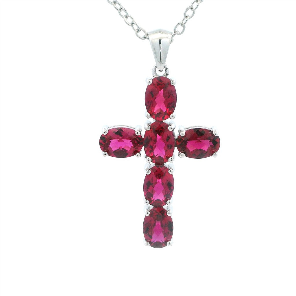 Cross Pendant Sterling Silver Silver with Oval Red Ruby Labs