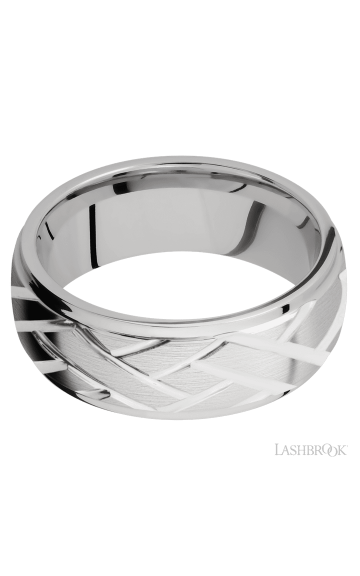 8 mm wide/Domed Stepped Down Edges/14K White Gold band with a machined Lattice pattern.