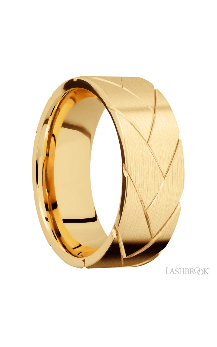 8 mm wide/Flat/14K Yellow Gold band with a machined Flatbraid pattern.