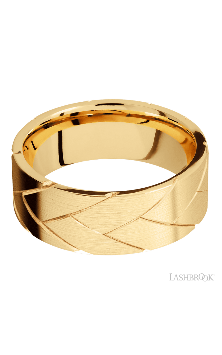8 mm wide/Flat/14K Yellow Gold band with a machined Flatbraid pattern.