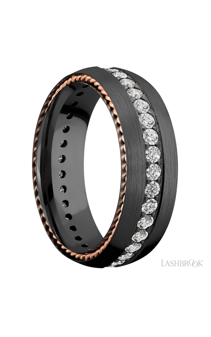 7 mm wide/Domed/Zirconium band with  two 1 mm Sidebraid inlays of 14K Rose Gold and featuring an Eternity arrangement of .03 carat Round Lab Grown Diamond stones in a Bead setting