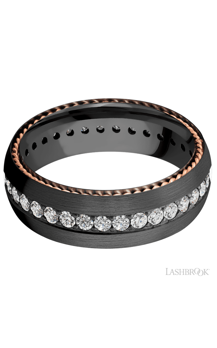 7 mm wide/Domed/Zirconium band with  two 1 mm Sidebraid inlays of 14K Rose Gold and featuring an Eternity arrangement of .03 carat Round Lab Grown Diamond stones in a Bead setting