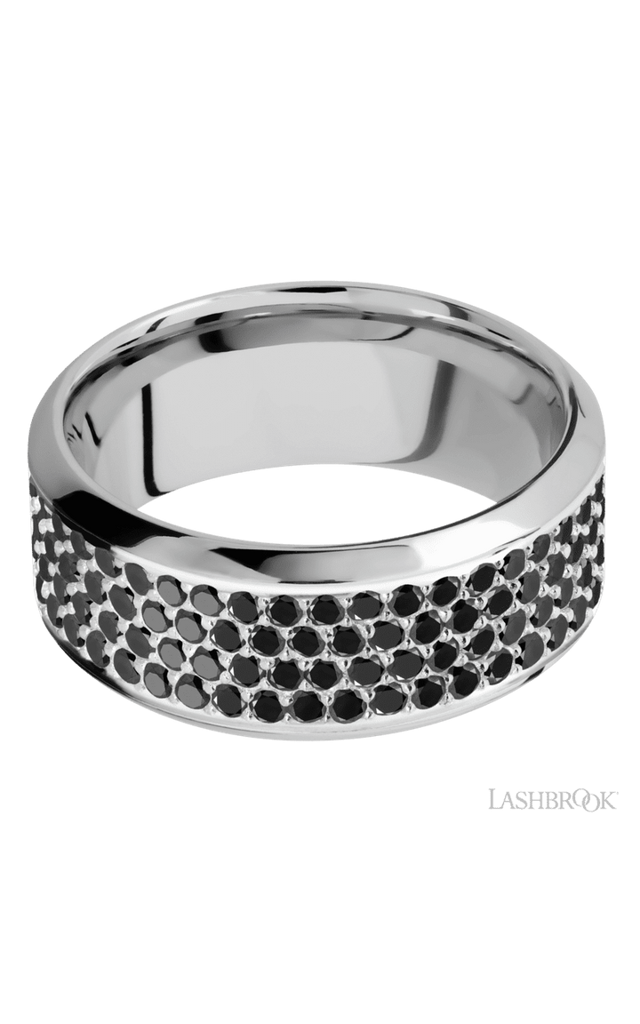 9 mm wide/High Bevel/14K White Gold band with a 4 Row Half Eternity arrangement of .015 carat Round Black Diamond stones in a Bead Channel setting.