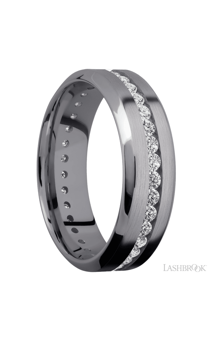 7 mm wide/High Bevel/Tantalum band with an Eternity arrangement of .03 carat Round Lab Grown Diamond stones in a Channel setting.