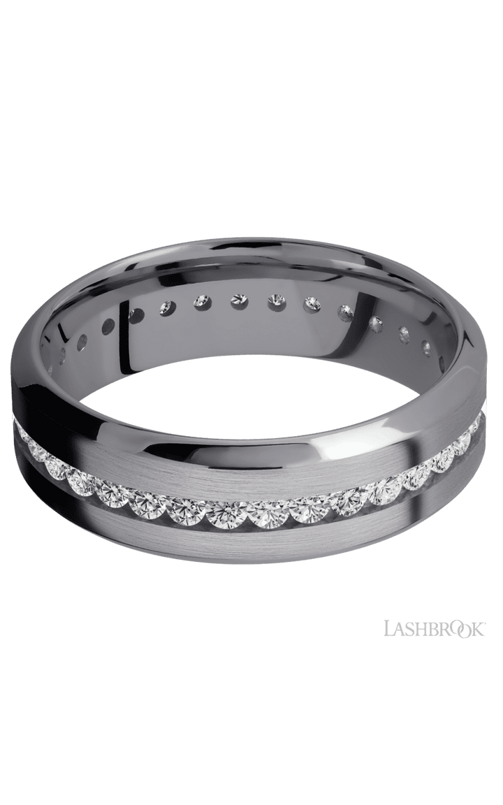 7 mm wide/High Bevel/Tantalum band with an Eternity arrangement of .03 carat Round Lab Grown Diamond stones in a Channel setting.