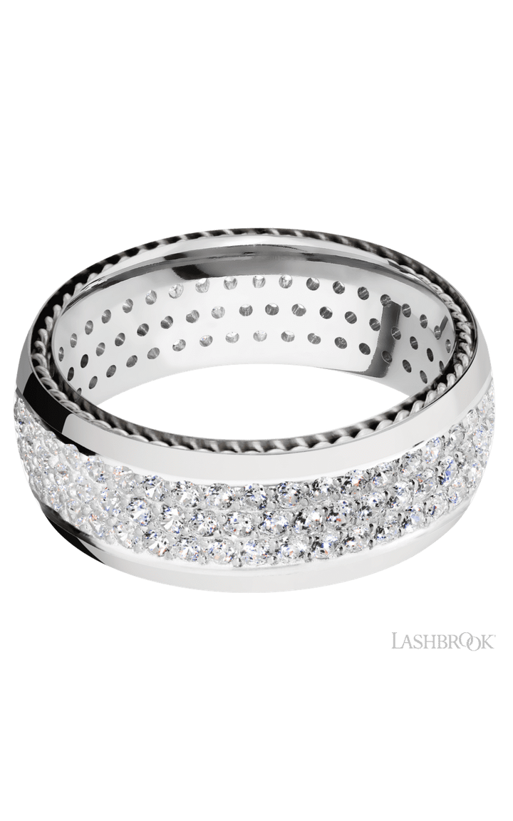8 mm wide/Domed/14K White Gold band with  two 1 mm Sidebraid inlays of 14K White Gold and featuring a 3 Row Eternity arrangement of .015 carat Round Diamond stones in a Bead Channel setting