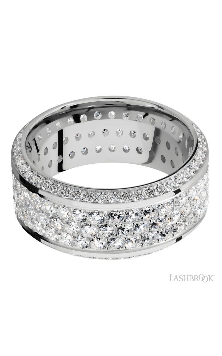 10 mm wide/High Bevel/14K White Gold band with a Bevel Eternity arrangement of .01 carat Round Diamond stones in a Bead setting and featuring a a 3 Row Eternity arrangement of .03 carat Round Diamond stones in a Bead Channel setting