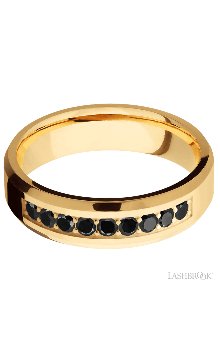 6 mm wide/Beveled/14K Yellow Gold band with an  arrangement of 9, .05 carat Round Black Diamond stones in a Bead Channel setting.