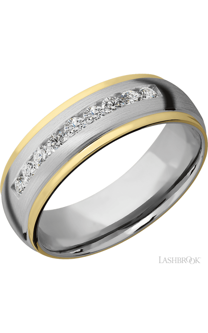 7 mm wide/Domed Stepped Down Edges/Cobalt Chrome band with  two 1 mm Edge inlays of 14K Yellow Gold and featuring an  arrangement of 9, .05 carat Round Diamond stones in a Channel setting
