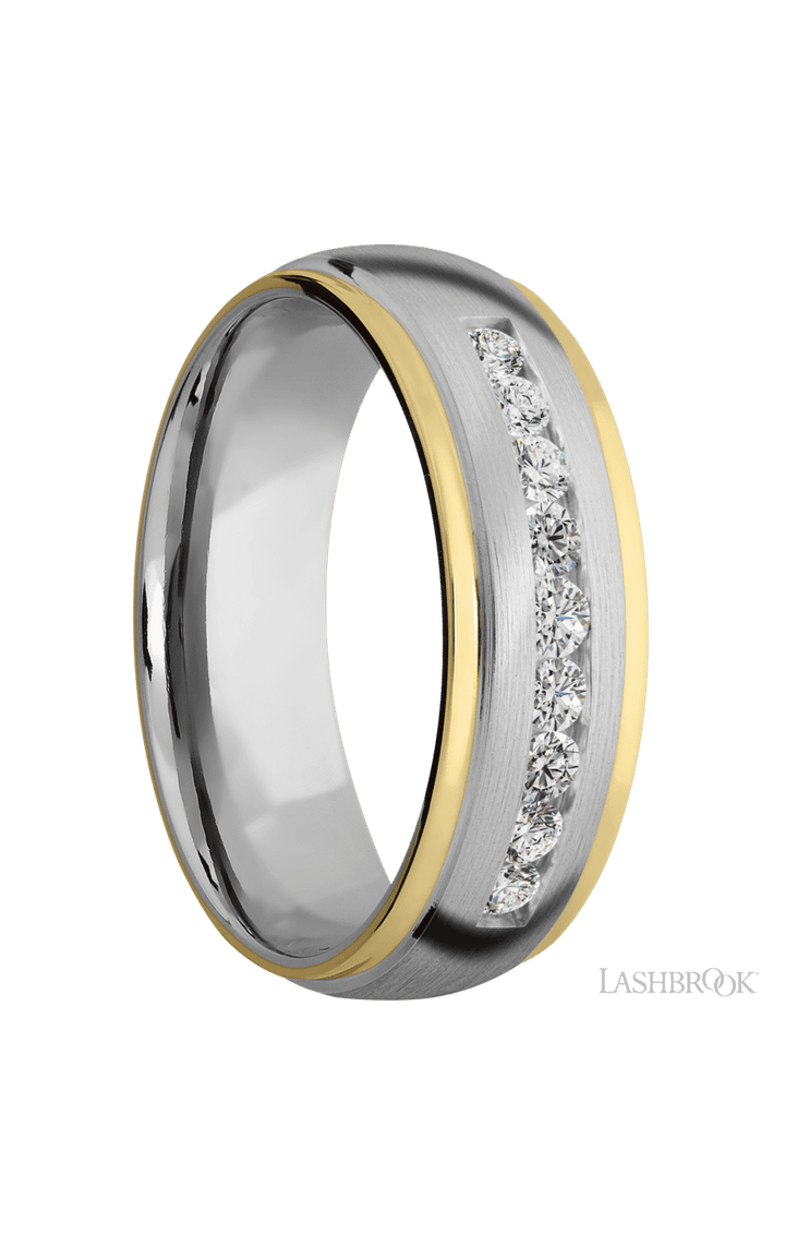 7 mm wide/Domed Stepped Down Edges/Cobalt Chrome band with  two 1 mm Edge inlays of 14K Yellow Gold and featuring an  arrangement of 9, .05 carat Round Diamond stones in a Channel setting