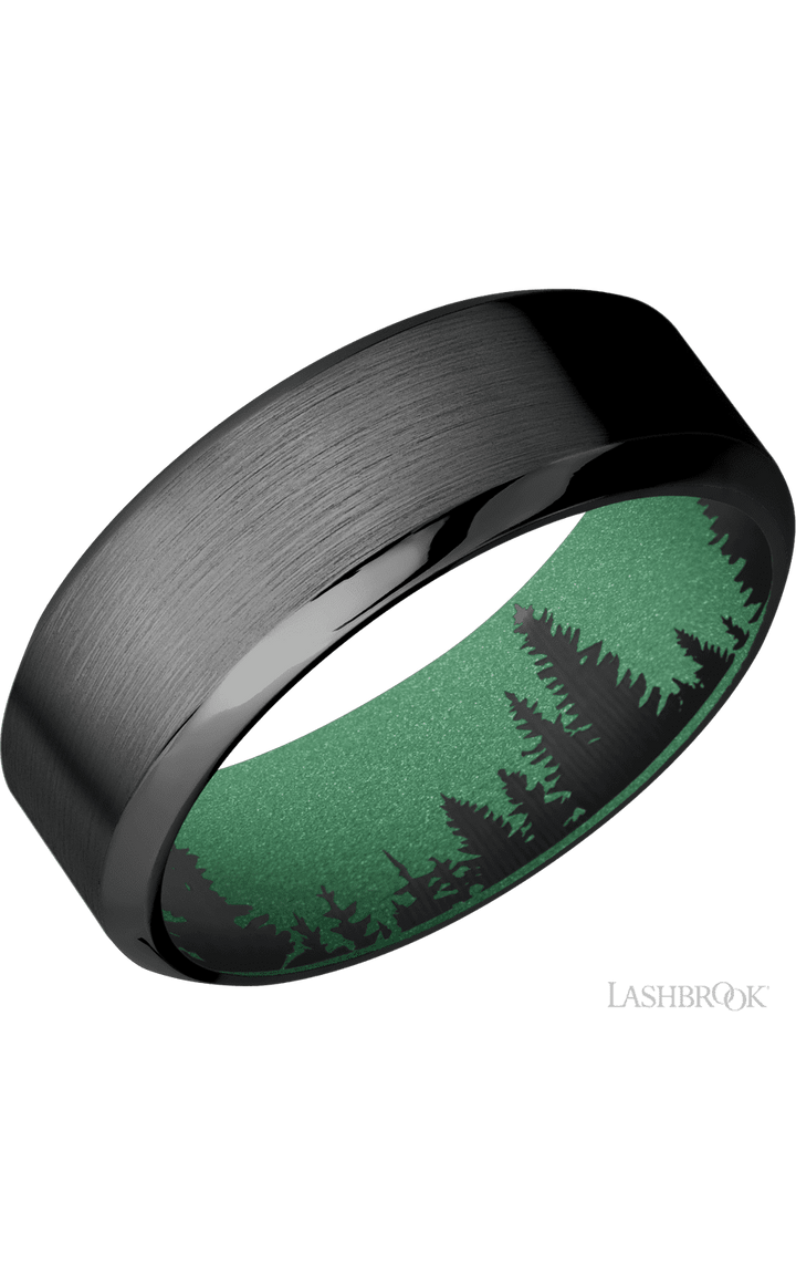 8 mm wide High Bevel Zirconium band featuring a Squatch sleeve.