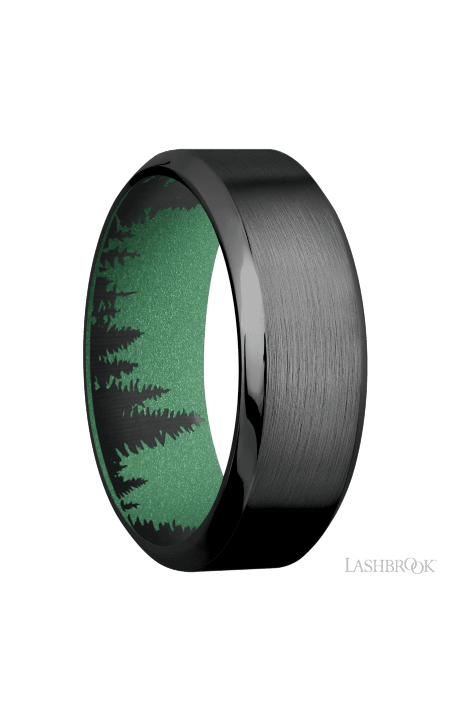 8 mm wide High Bevel Zirconium band featuring a Squatch sleeve.