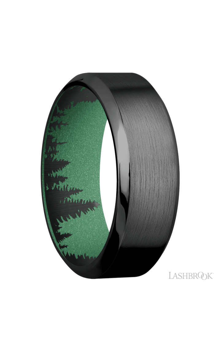 8 mm wide High Bevel Zirconium band featuring a Squatch sleeve.