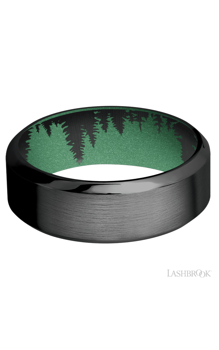 8 mm wide High Bevel Zirconium band featuring a Squatch sleeve.