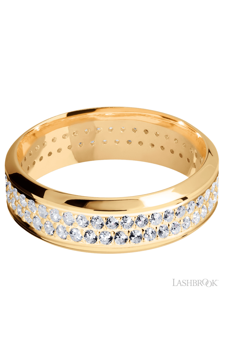 7 mm wide/High Bevel/14K Yellow Gold band with a 2 Row Eternity arrangement of .015 carat Round Diamond stones in a Bead Channel setting.