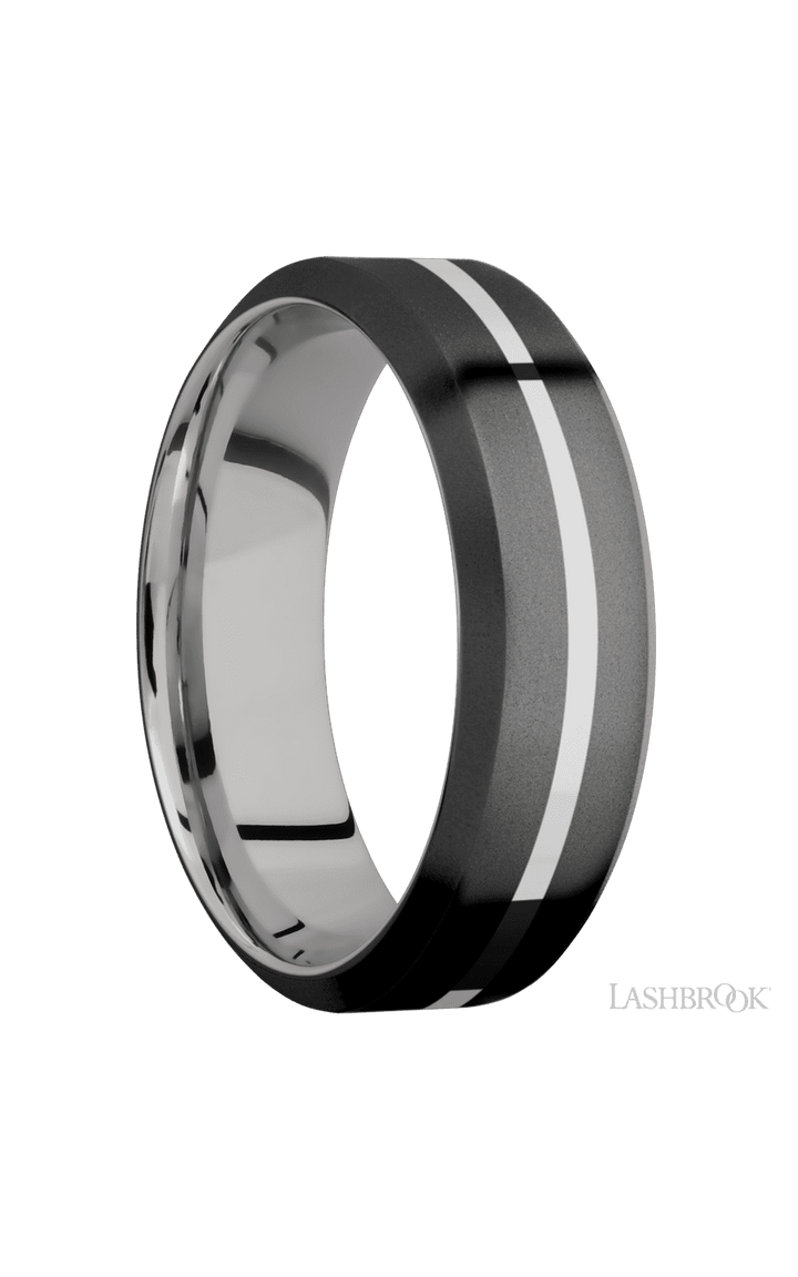 7 mm wide/High Bevel/Zirconium band with one 1 mm Centered inlay of Palladium Silver also featuring a Palladium Silver sleeve.