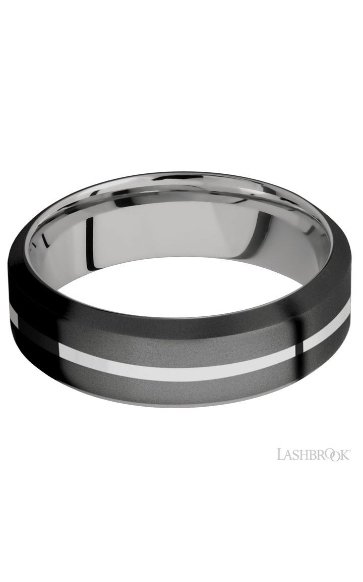 7 mm wide/High Bevel/Zirconium band with one 1 mm Centered inlay of Palladium Silver also featuring a Palladium Silver sleeve.
