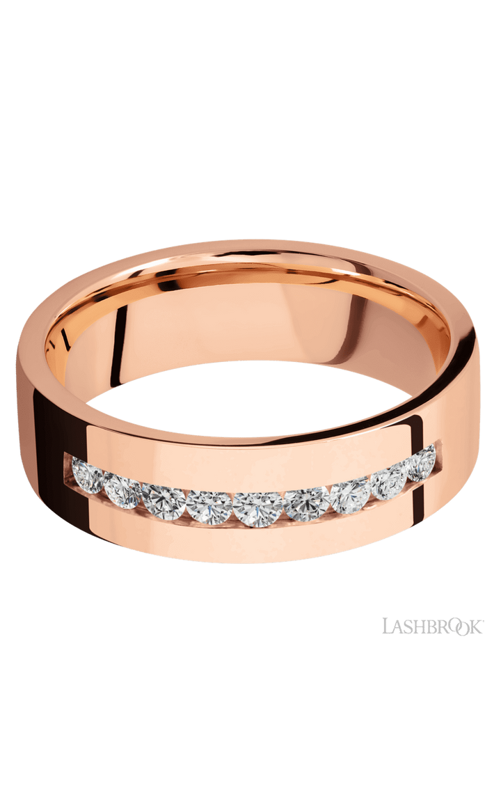 7 mm wide/Flat/14K Rose Gold band with an  arrangement of 9, .05 carat Round Diamond stones in a Channel setting.