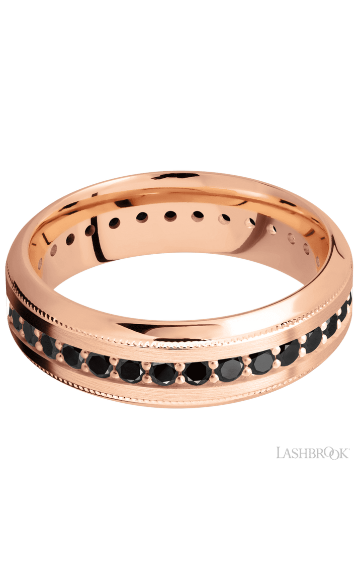 7 mm wide/High Bevel Milgrain/14K Rose Gold band with an Eternity arrangement of .03 carat Round Black Diamond stones in a Bead Channel setting.