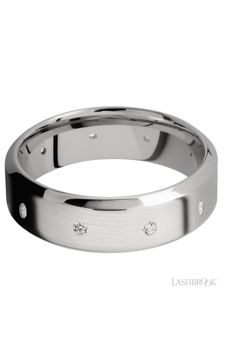 7 mm wide/High Bevel/14K White Gold band with a 9X Even arrangement of .03 carat Round Diamond stones in a Flush setting.