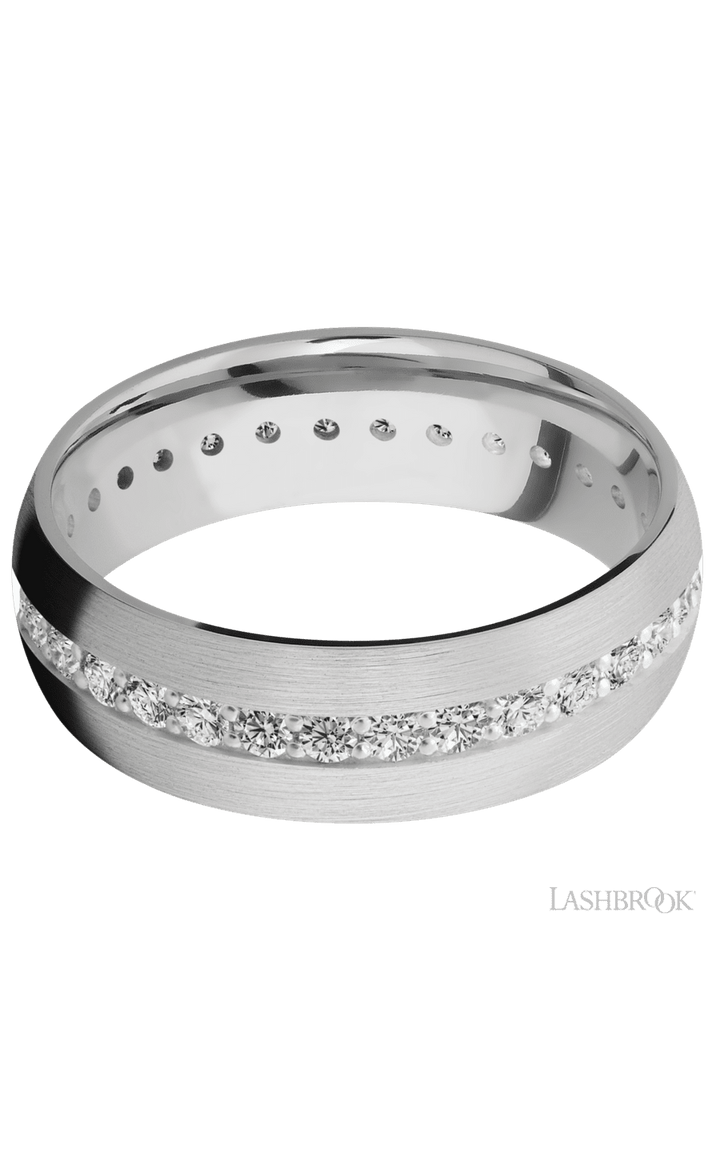 7 mm wide/Domed/14K White Gold band with an Eternity arrangement of .03 carat Round Diamond stones in a Bead Channel setting.