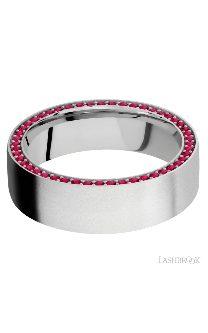 7 mm wide/Flat/14K White Gold band with a Side Eternity arrangement of .01 carat Round Ruby stones in a Bead Channel setting.