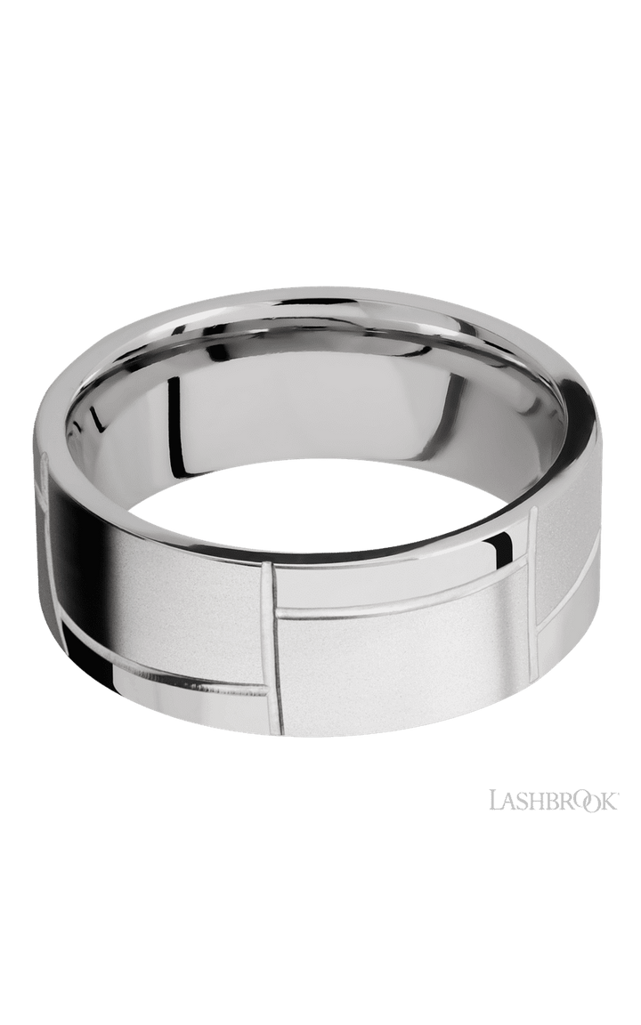8 mm wide/Flat/14K White Gold band with a machined 3GOCHR pattern.