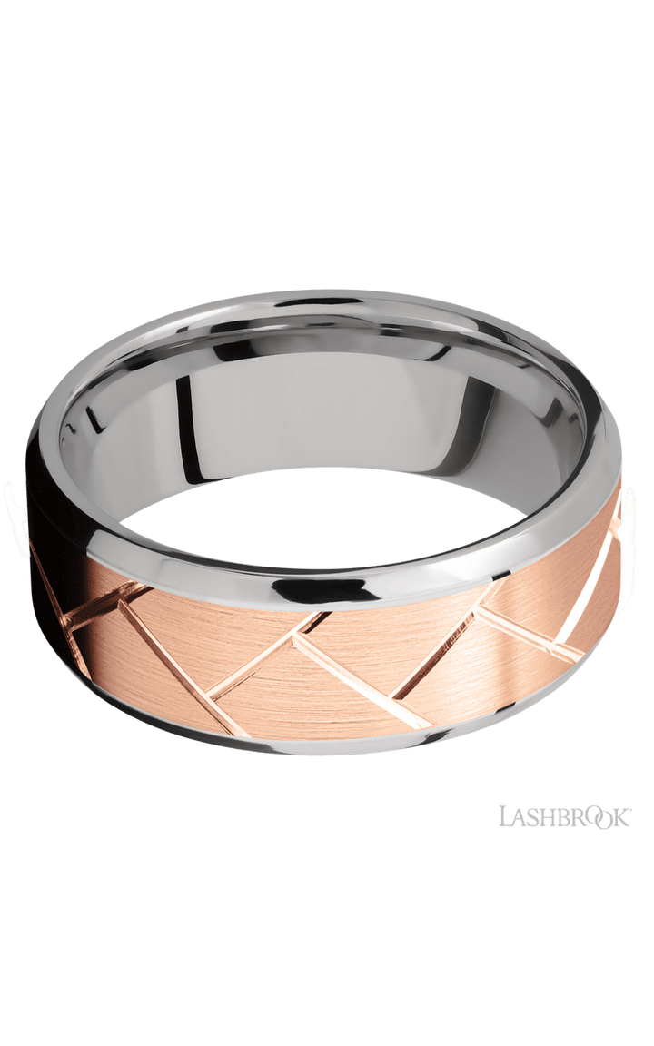 8 mm wide/Beveled/14K White Gold band with one 6 mm Centered inlay of 14K Rose Gold with a machined Flatweave pattern.