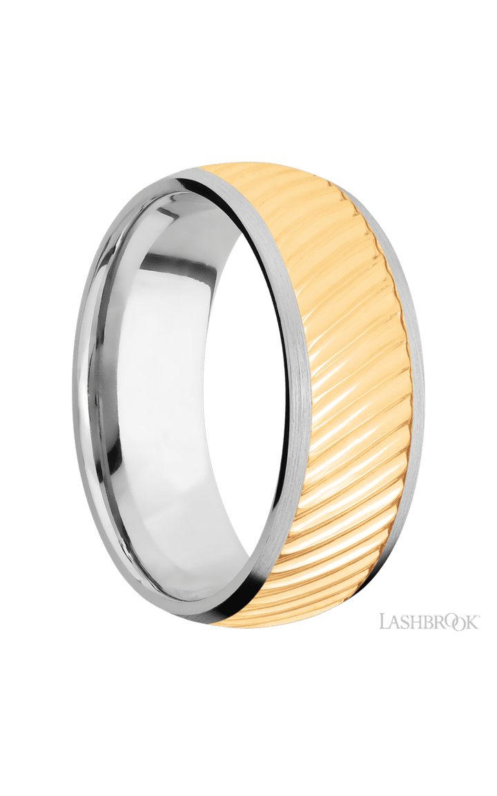 8 mm wide/Domed/14K White Gold band with one 6 mm Centered inlay of 14K Yellow Gold with a machined Ripple pattern.