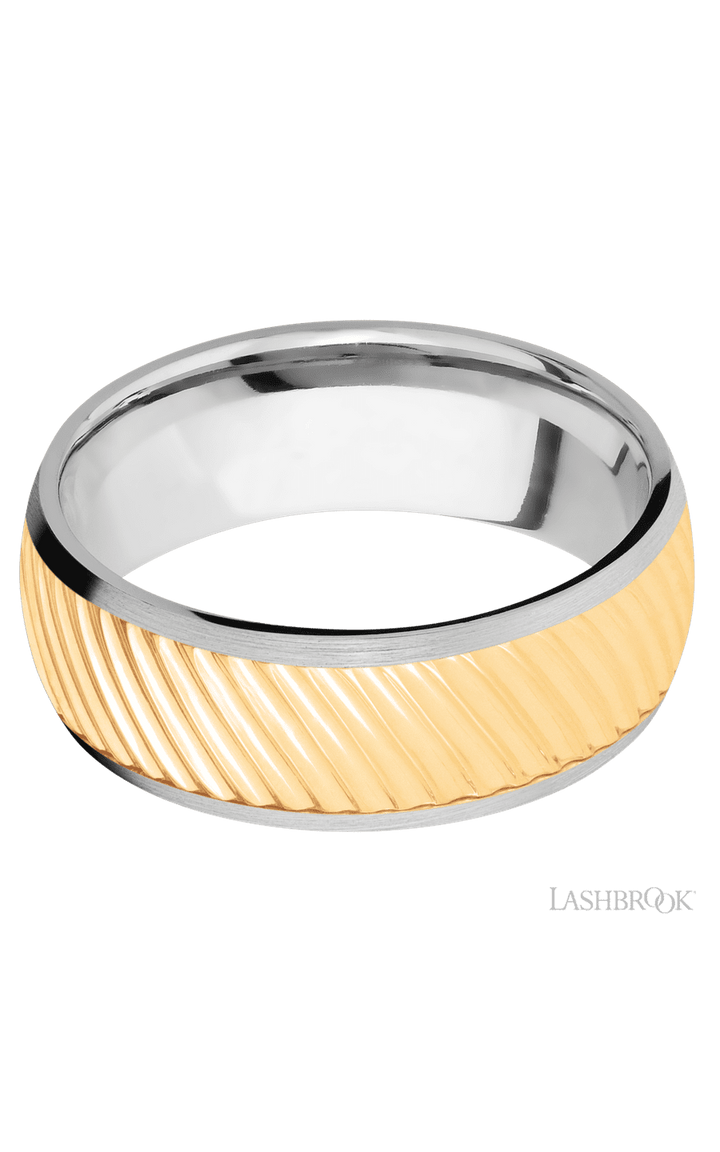 8 mm wide/Domed/14K White Gold band with one 6 mm Centered inlay of 14K Yellow Gold with a machined Ripple pattern.