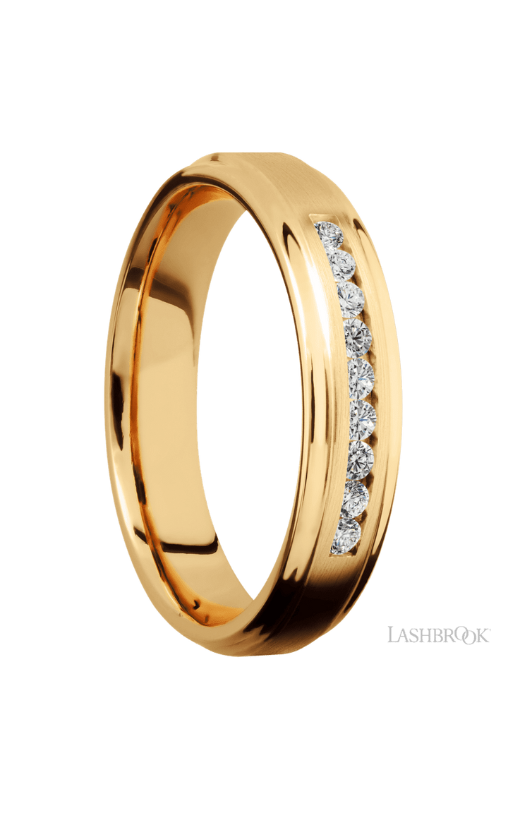 5 mm wide/Flat Grooved Edges/14K Yellow Gold band with an  arrangement of 9, .03 carat Round Diamond stones in a Channel setting.
