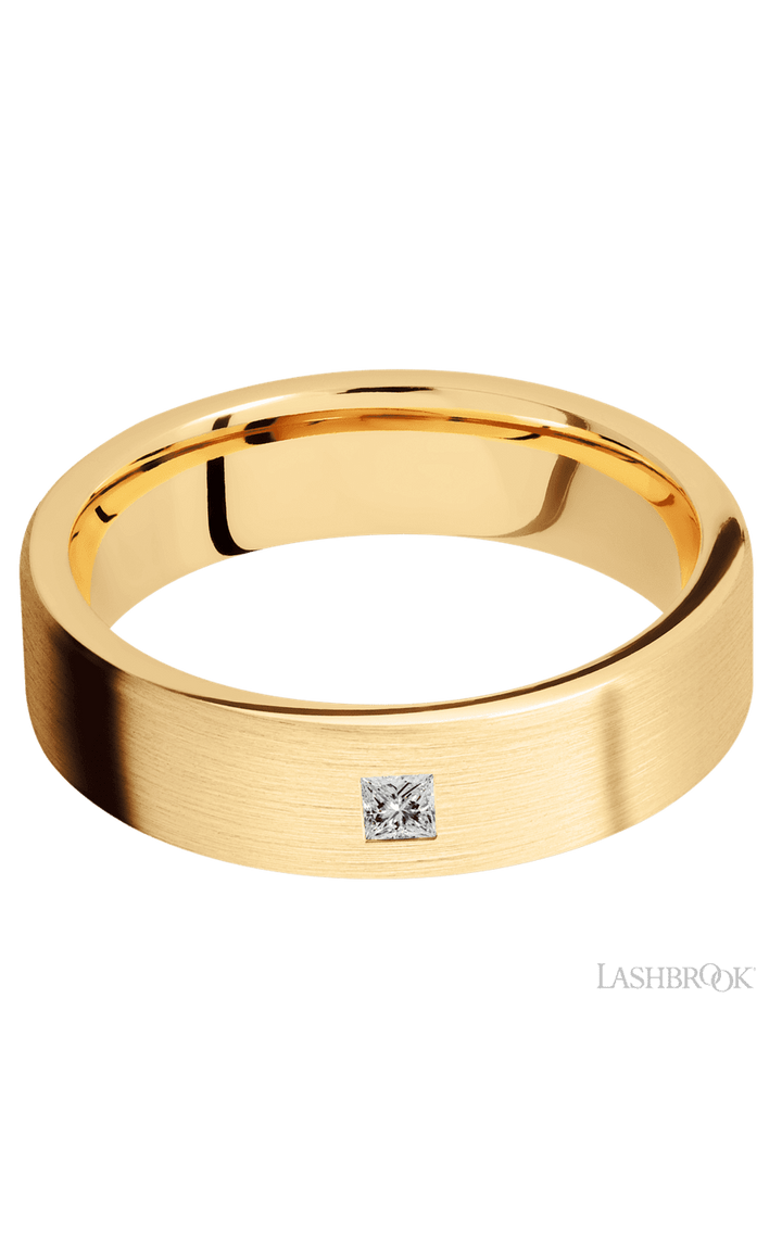 6 mm wide/Flat/14K Yellow Gold band with an  arrangement of 1, .1 carat Princess Diamond stones in a Flush setting.