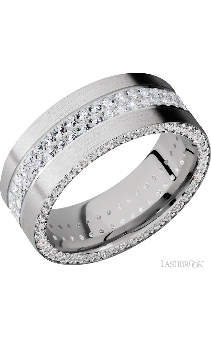8 mm wide/Flat/14K White Gold band with a Side Eternity arrangement of .01 carat Round Diamond stones in a Bead Channel setting and featuring a a 2 Row Eternity arrangement of .015 carat Round Diamond stones in a Bead Channel setting