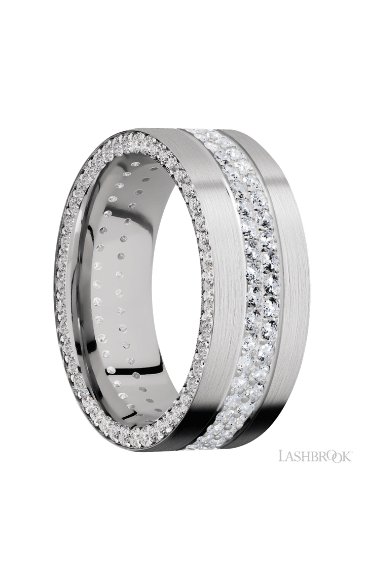 8 mm wide/Flat/14K White Gold band with a Side Eternity arrangement of .01 carat Round Diamond stones in a Bead Channel setting and featuring a a 2 Row Eternity arrangement of .015 carat Round Diamond stones in a Bead Channel setting