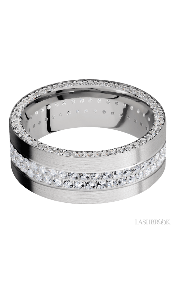 8 mm wide/Flat/14K White Gold band with a Side Eternity arrangement of .01 carat Round Diamond stones in a Bead Channel setting and featuring a a 2 Row Eternity arrangement of .015 carat Round Diamond stones in a Bead Channel setting