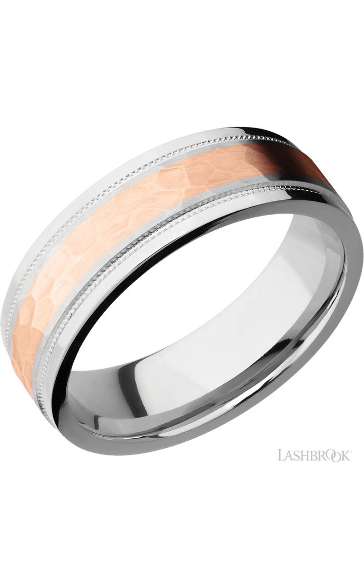 7 mm wide/Flat Stepped Edges Milgrain/Cobalt Chrome band with one 3 mm Centered inlay of 14K Rose Gold.
