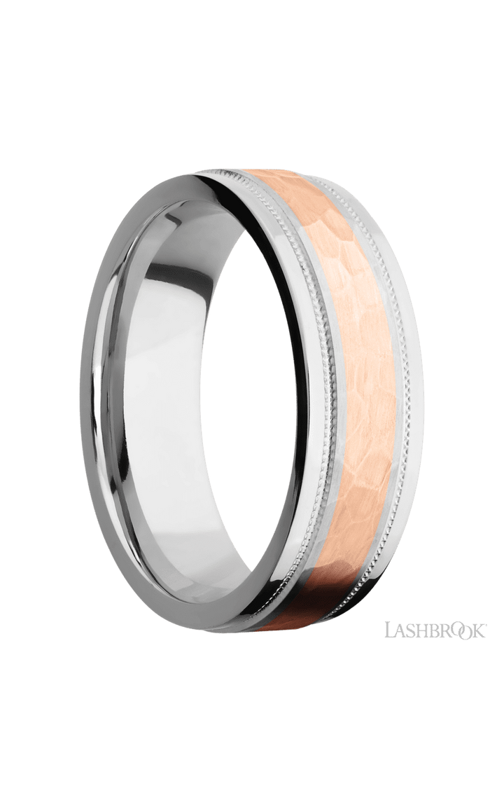 7 mm wide/Flat Stepped Edges Milgrain/Cobalt Chrome band with one 3 mm Centered inlay of 14K Rose Gold.