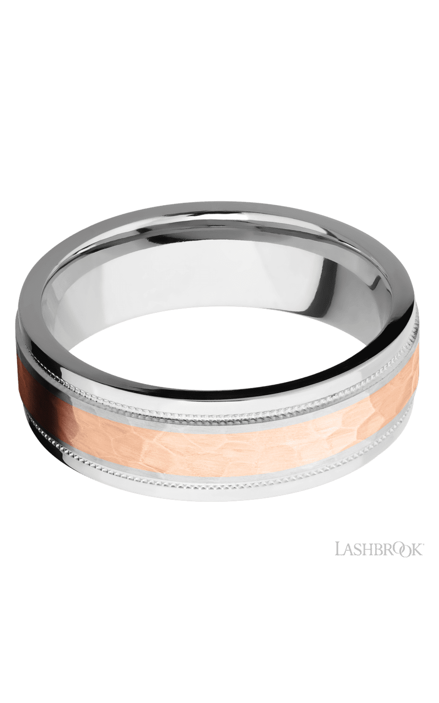 7 mm wide/Flat Stepped Edges Milgrain/Cobalt Chrome band with one 3 mm Centered inlay of 14K Rose Gold.