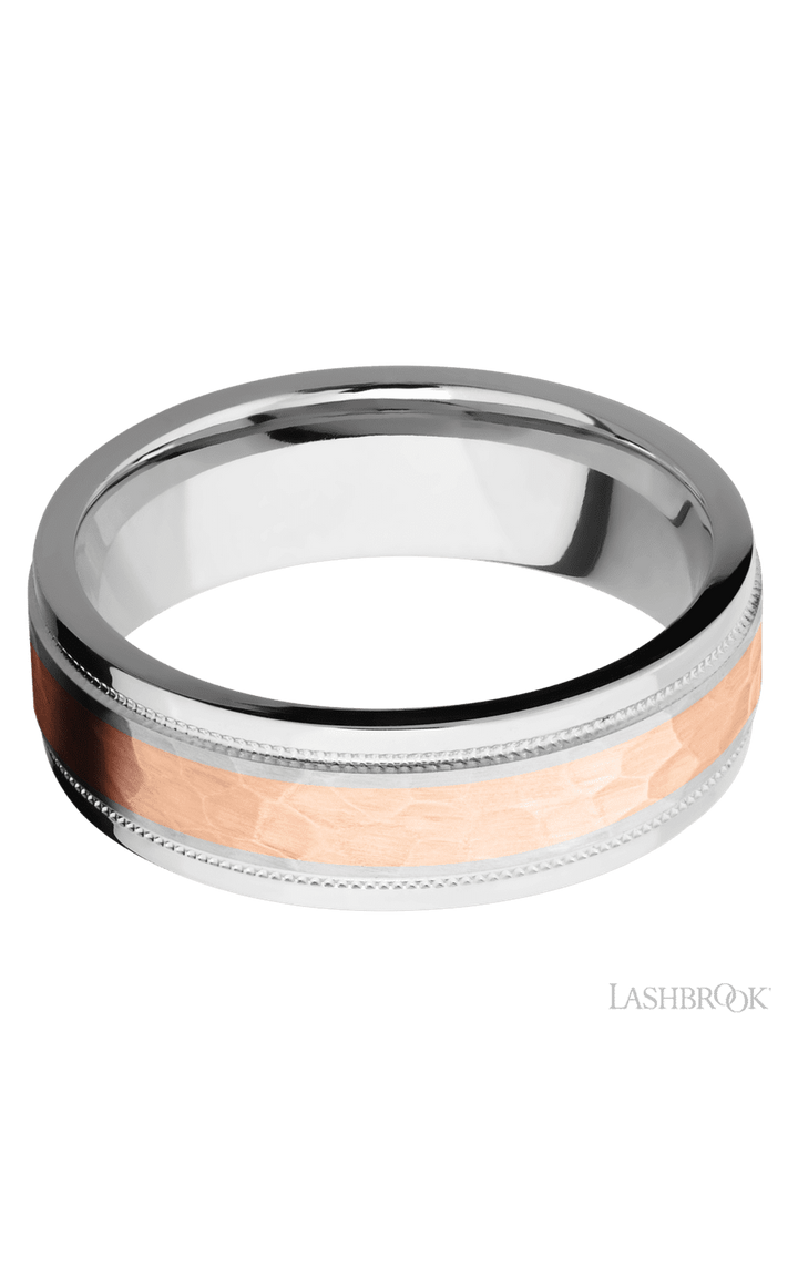 7 mm wide/Flat Stepped Edges Milgrain/Cobalt Chrome band with one 3 mm Centered inlay of 14K Rose Gold.