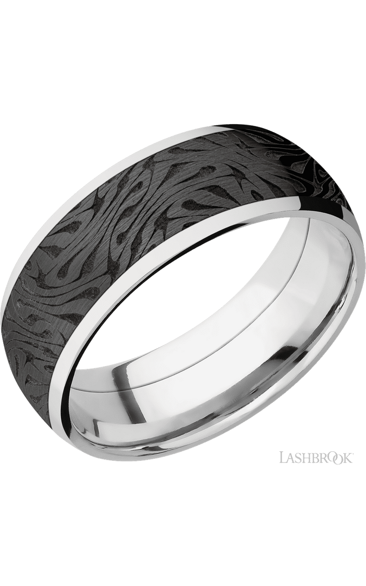 8 mm wide/Domed/Cobalt Chrome band with one 6 mm Centered inlay of Zirconium with a laser carved Escher 1 pattern.